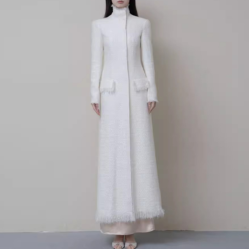 Customized White Tweed Coat Long Jacket Manufacturer