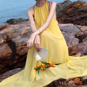 Customized Yellow Backless Long Chiffon Vacation Dresses