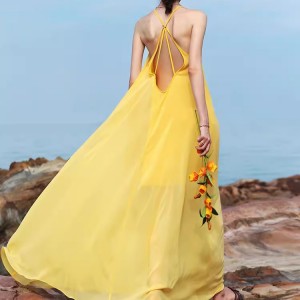 Customized Yellow Backless Long Chiffon Vacation Dresses