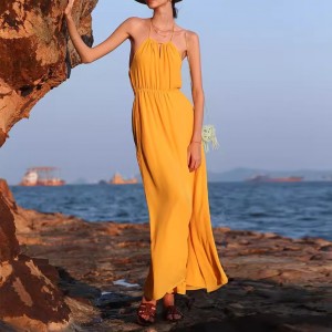 Customized Yellow Beach Camisole Backless Slit Long Dresses