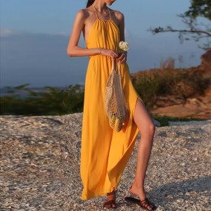 Customized Yellow Beach Camisole Backless Slit Long Dresses