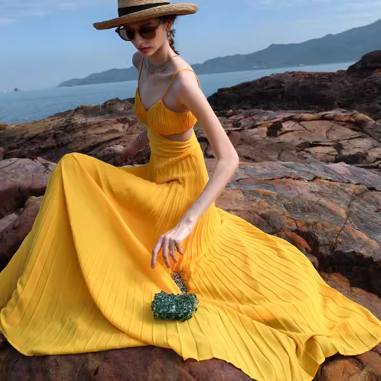 Customized Yellow Elegant Long Backless Halter Dresses