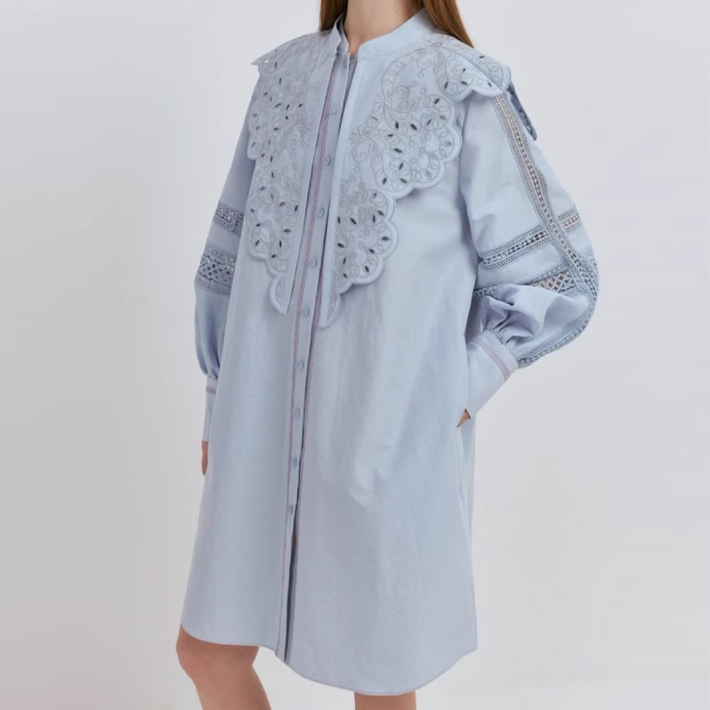 Embroidered Lantern Sleeve Cutout Shirt Dress Manufacturer