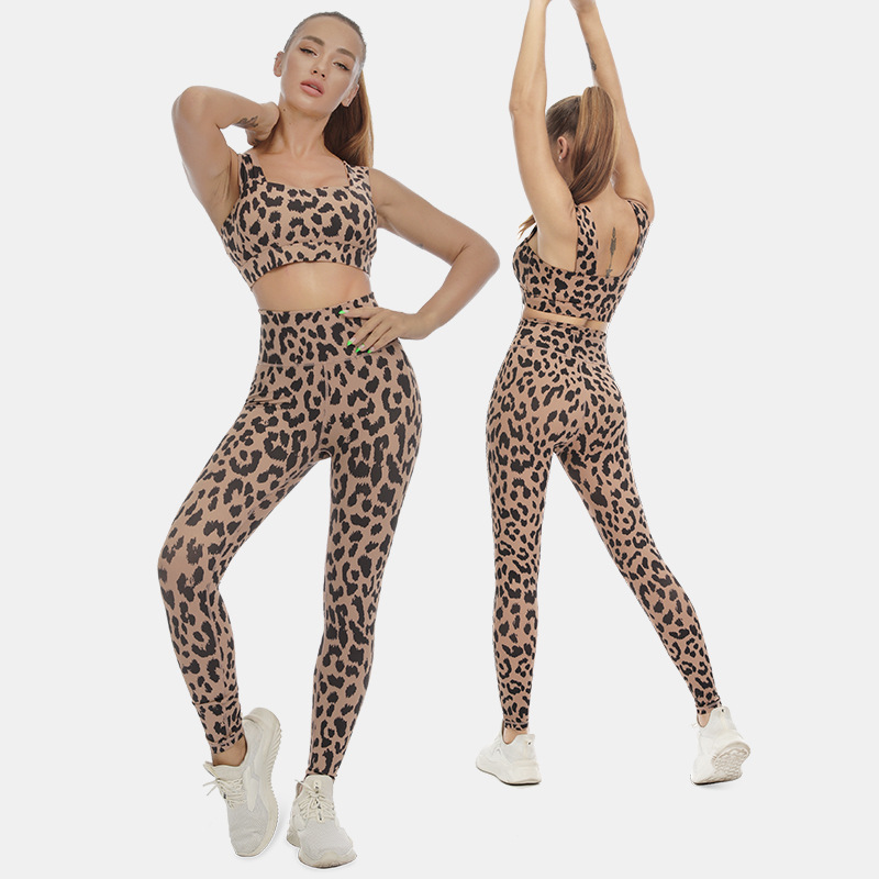 Leopard Print Yoga Wear Sports Stretch Leggings Two Piece