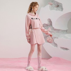 Pink 3d Embroidered Hoodie Skirt 2 Piece Set