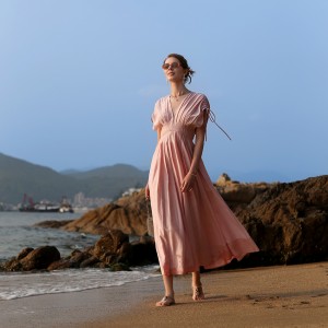 Pink V-Neck Tencel Linen Loose Maxi Dress
