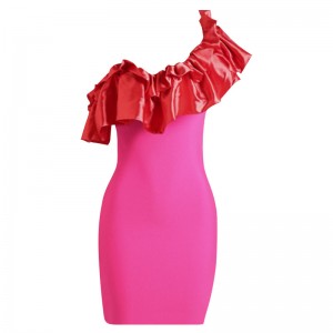 Rose Celebrity Ruffle Sexy Slanted Shoulder Dress