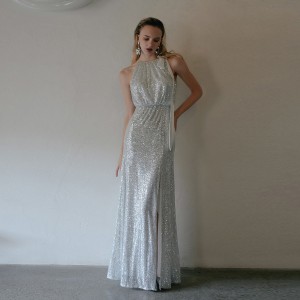 Silver Sequin Bridal Slit Long Evening Gown