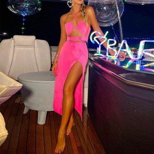 Two Piece Set Pink Halter Top Strappy Wrap Skirt