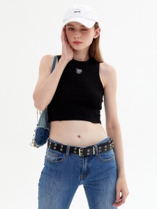 Black Embroidered Cotton Casual Camisole Top