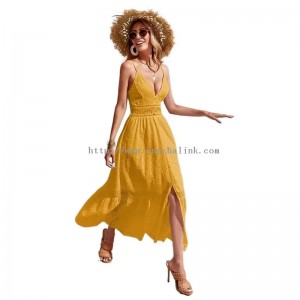 Yellow Design Embroidery Flounces Cami Dress Women