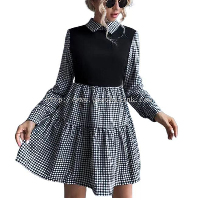 Casual Lapel Dress With Black Check Patchwork