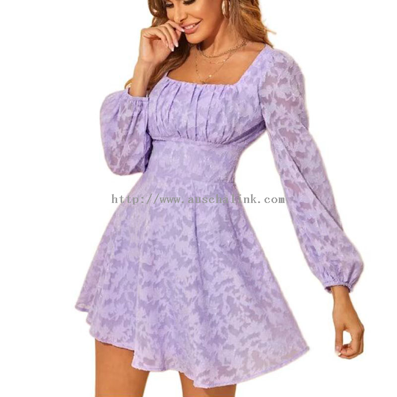 Purple Square Collar Ruffle Bust Mesh Elegant Dress
