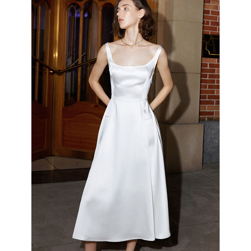 Custom elegant white dress satin silk high waist