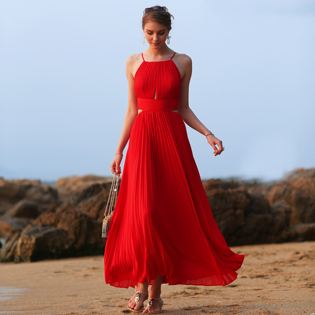 Red Pleated Maxi Beach Sea Holiday Cami Dress