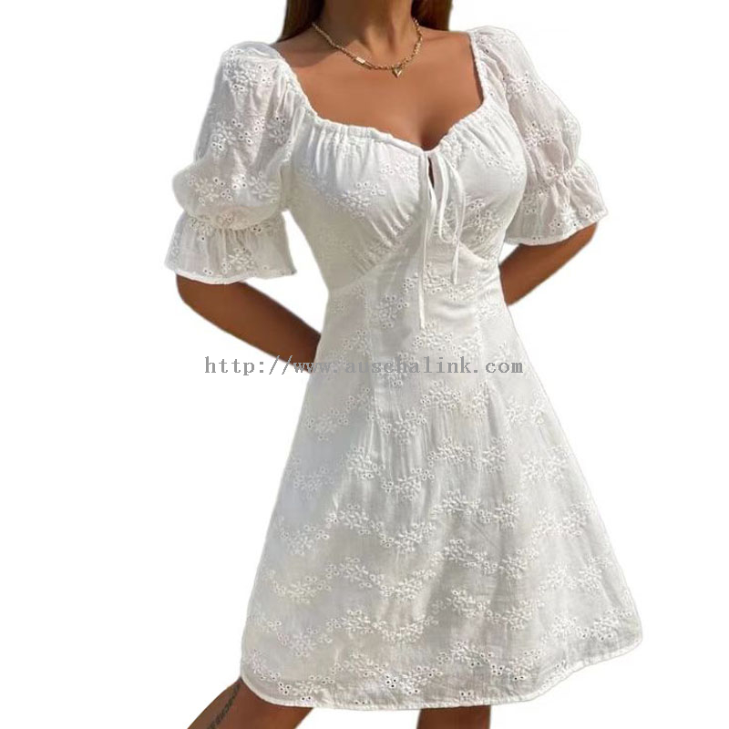 White Embroidery Lace Square Collar Casual Dress