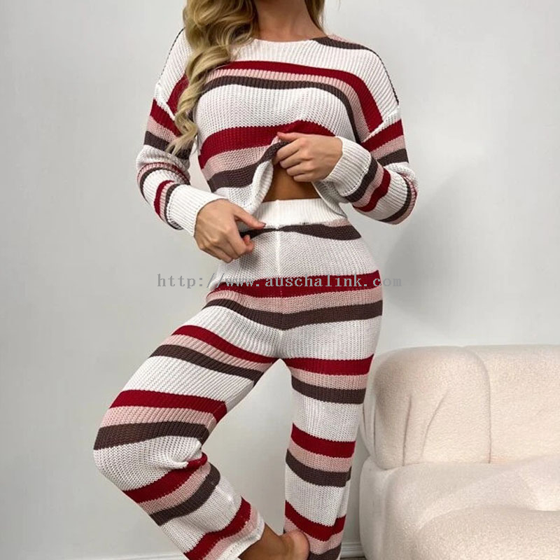 Factory Price Hoodies With Custom Logo - Newly Designed Short Sleeve Round Collar Off Shoulder Stripe Top And Trousers Casual Pyjama Suit for Women – Auschalink