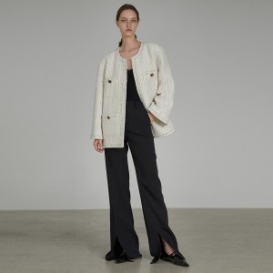 White Tweed Knitted Elegant Jacket Coat