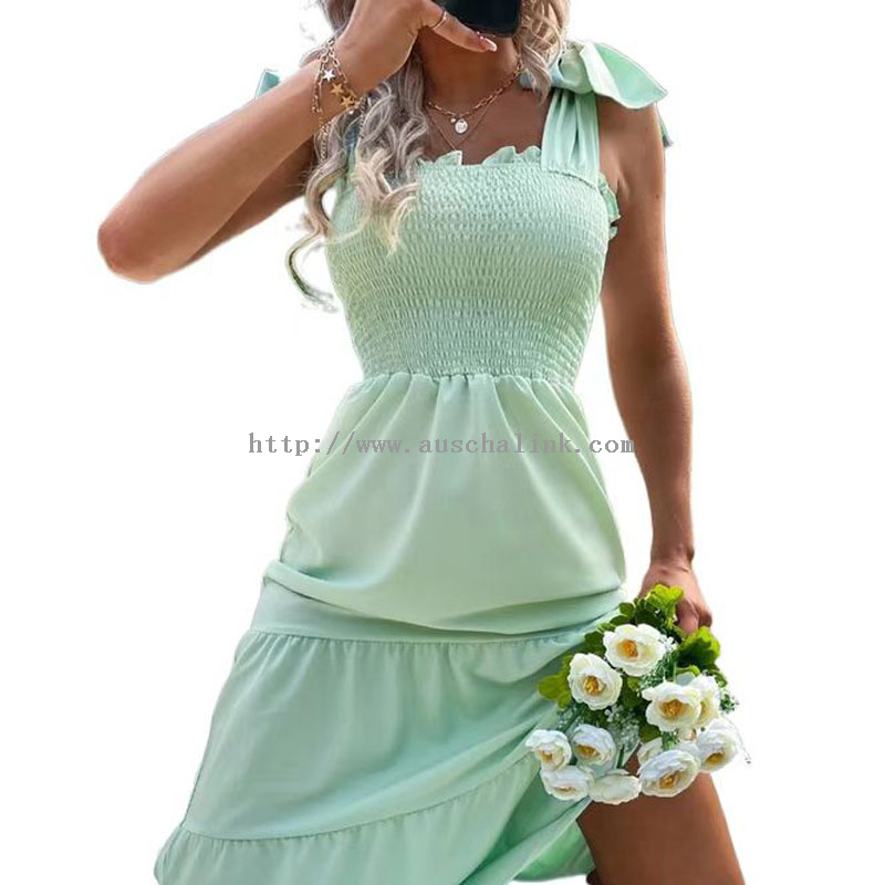Factory wholesale Supplier Dress - New Summer Pure Color Lace Shoulder Parallel Crepe Seam Flounces Halter Casual Dress Women – Auschalink