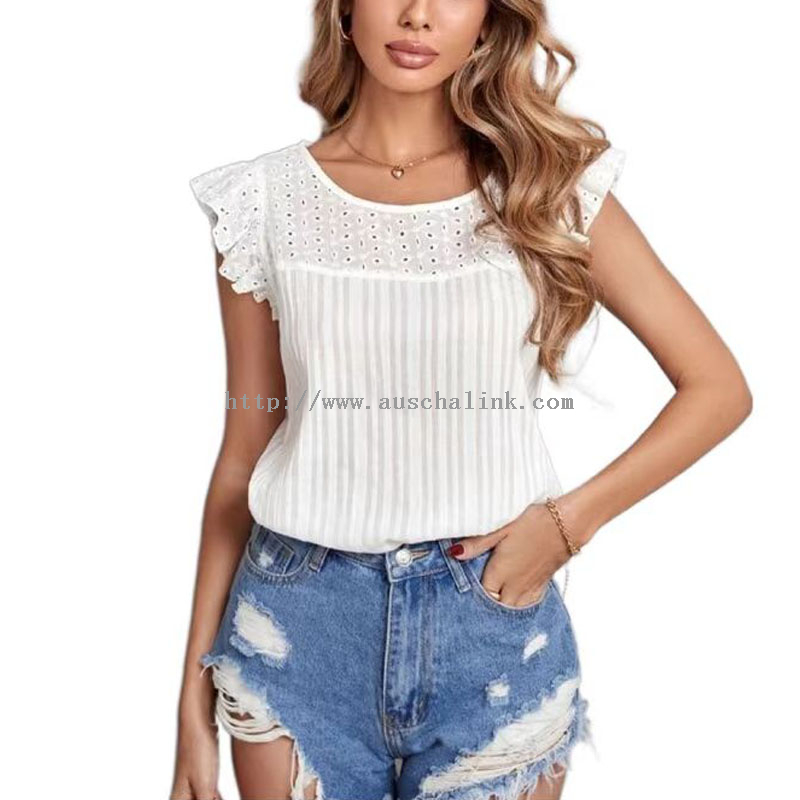 White Ruffled Embroidered Cotton Tops Women