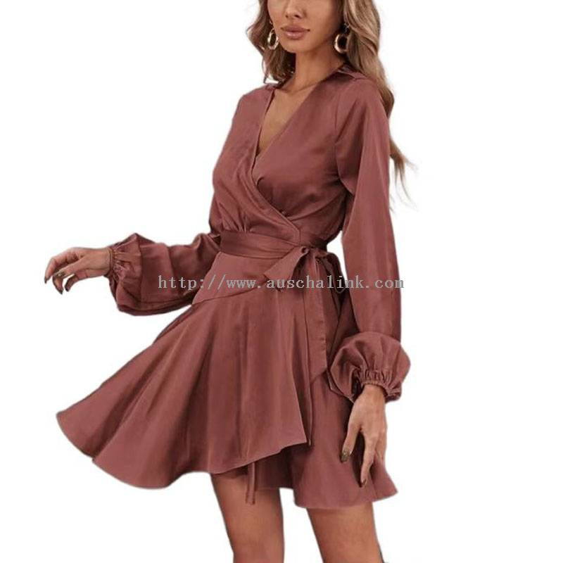 Elegant Brown Satin Ruffle Waistband Dress