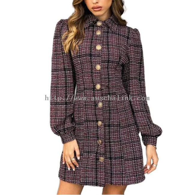Burgundy Tweed With Checkered Buttons Elegant Dress