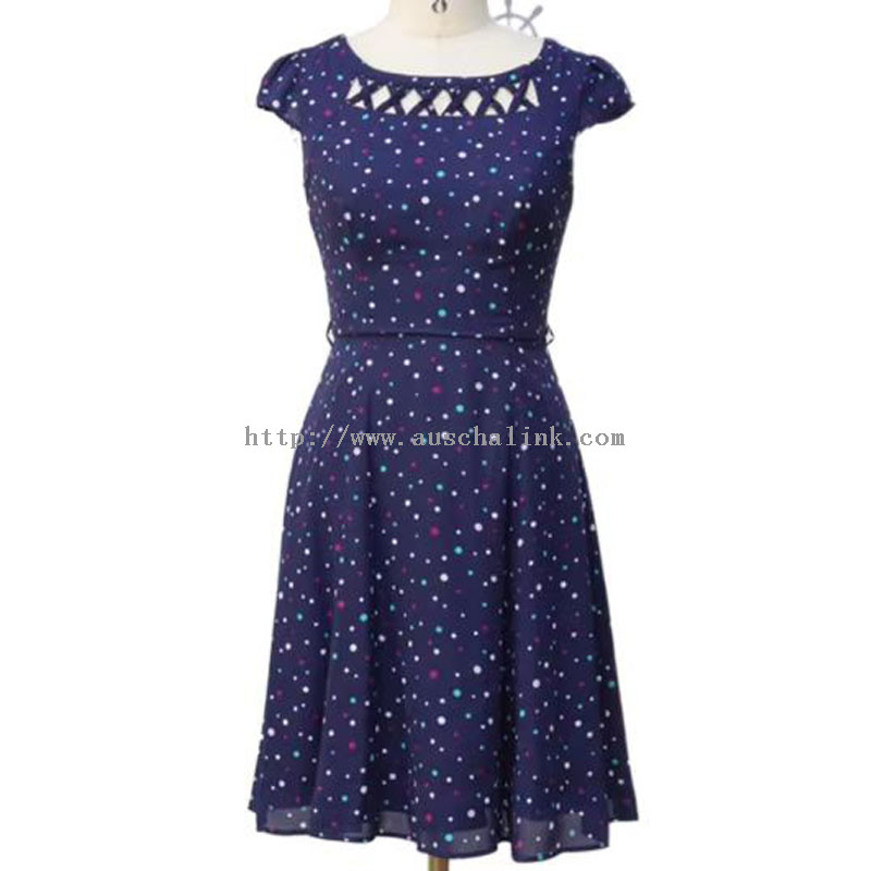 Navy Blue Polka Dot Print Hollow Out Elegant Dress