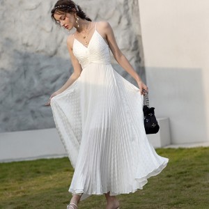 Customized Beach Pleated French Backless Cami Long Dress White