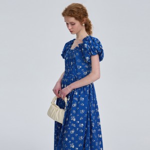 French Floral Square Collar Waist Princess Style Dress