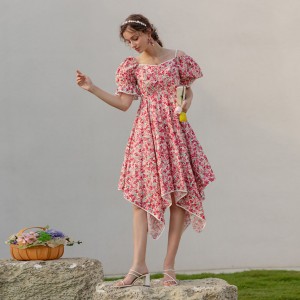 Floral Bubble Sleeve Halter Irregular Beach Dress