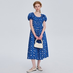 French Floral Square Collar Waist Princess Style Dress