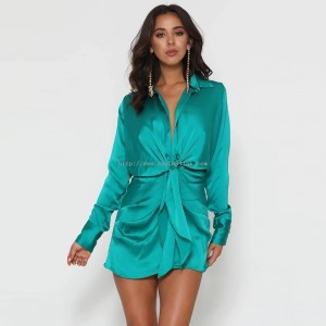 Satin Solid Knotted Long Sleeve Shirt Dress