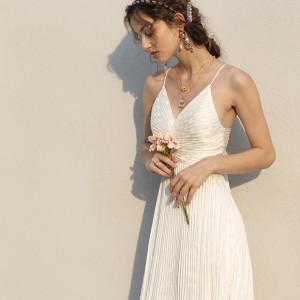 Customized Beach Pleated French Backless Cami Long Dress White