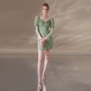 Noble Green Embroidered Bright Beaded Dress