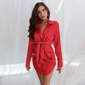Satin Solid Knotted Long Sleeve Shirt Dress
