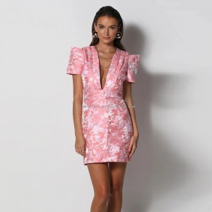 Pink Embroidered V-Neck Dress For Women
