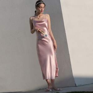 Pink Satin Sexy Slit Cami Dress Women