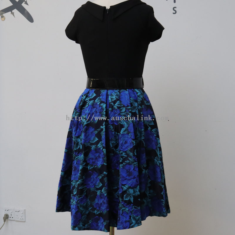 Blue Short Sleeve Round Collar Printed Belt Casual Dress
