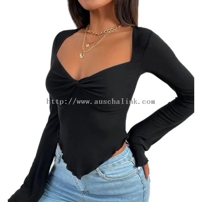 Black Skinny Square Neck Sexy Long Sleeve Top