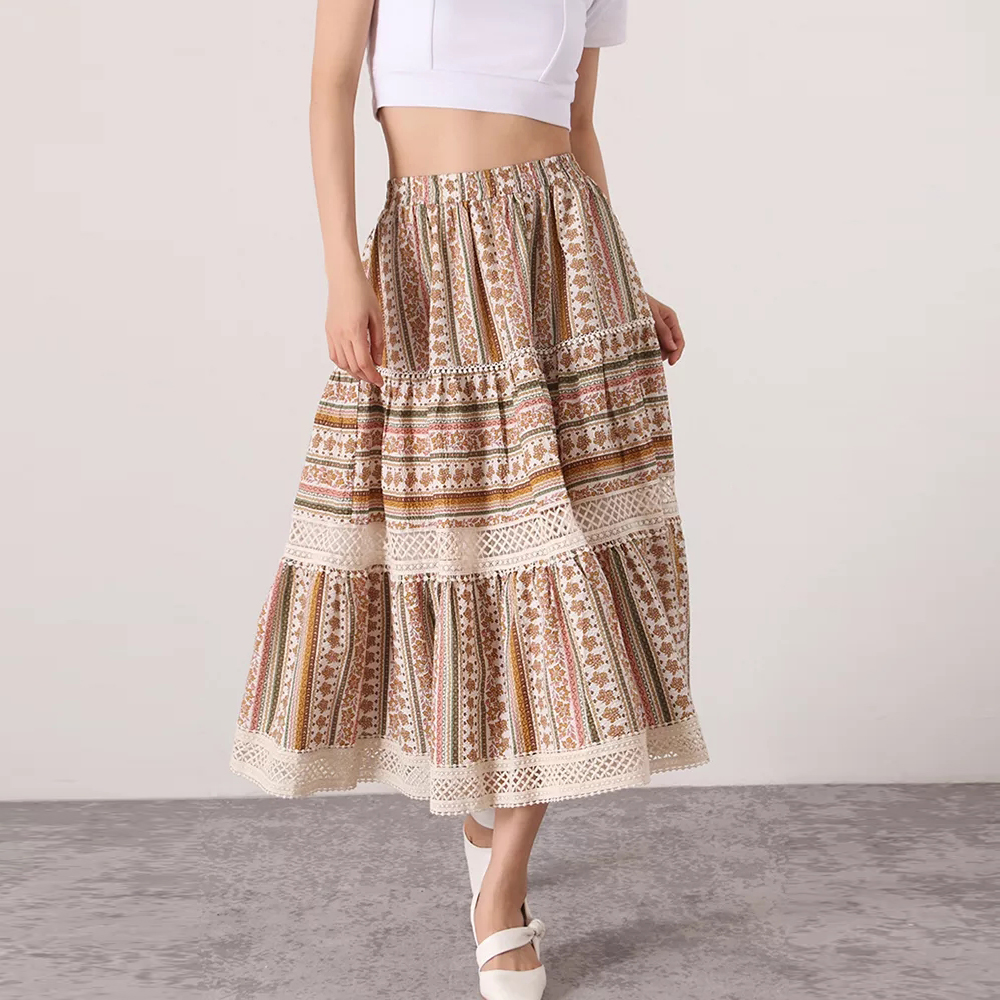 High Waist Patchwork Print Floral Long Skirts