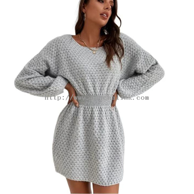 Long Sleeve Knitted Sweater Casual Dress Grey