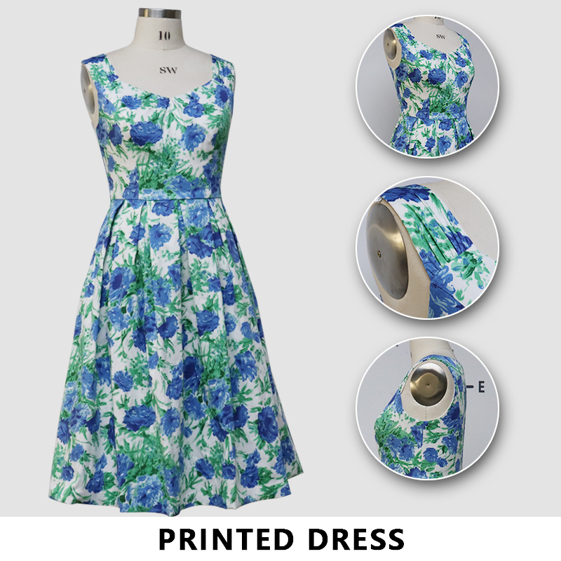 Green Floral Print Elegant Dress For Ladies