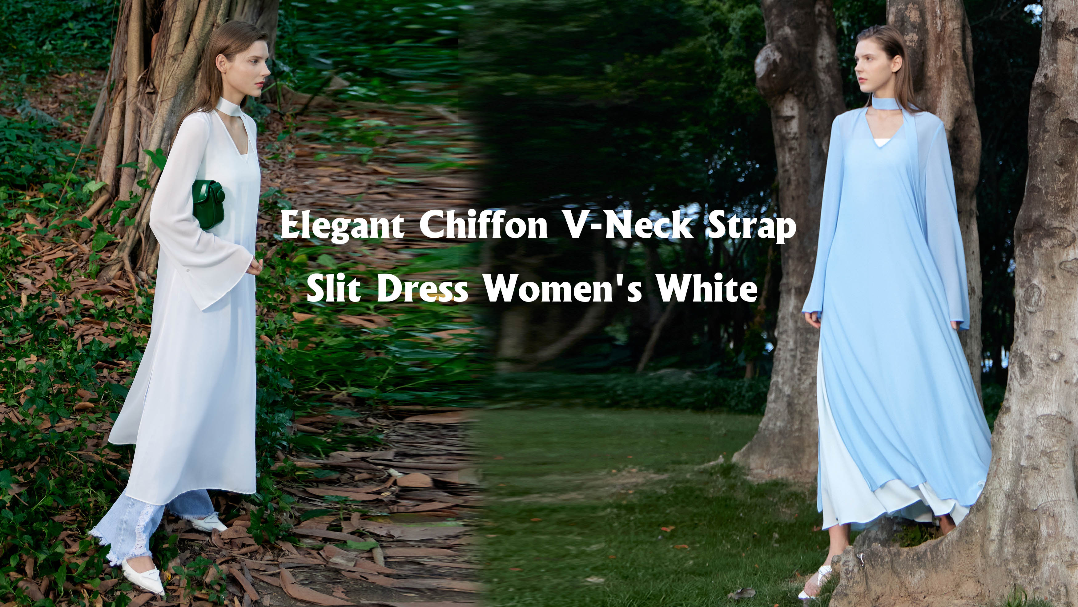 Best Elegant Chiffon V-Neck Strap Slit Dress Women's White Supplier