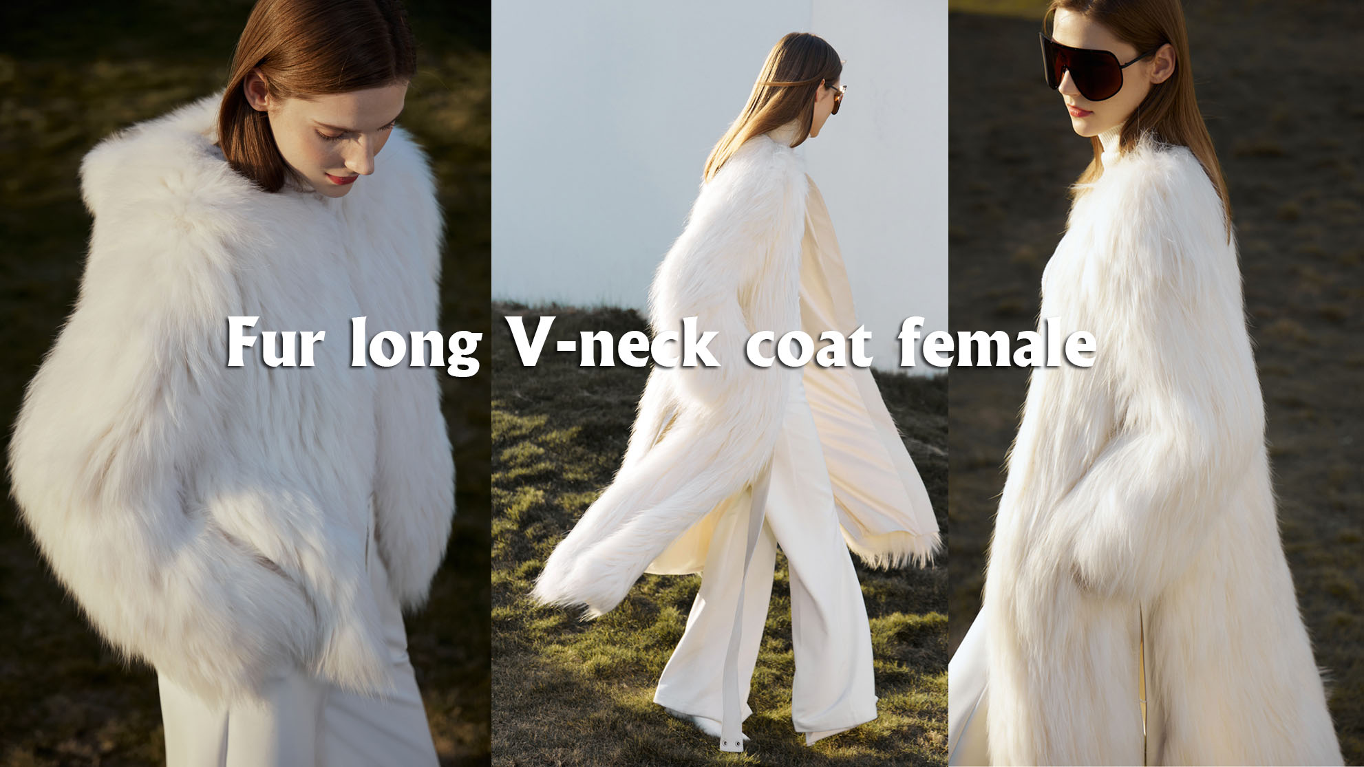 Fur long V-neck coat ladies