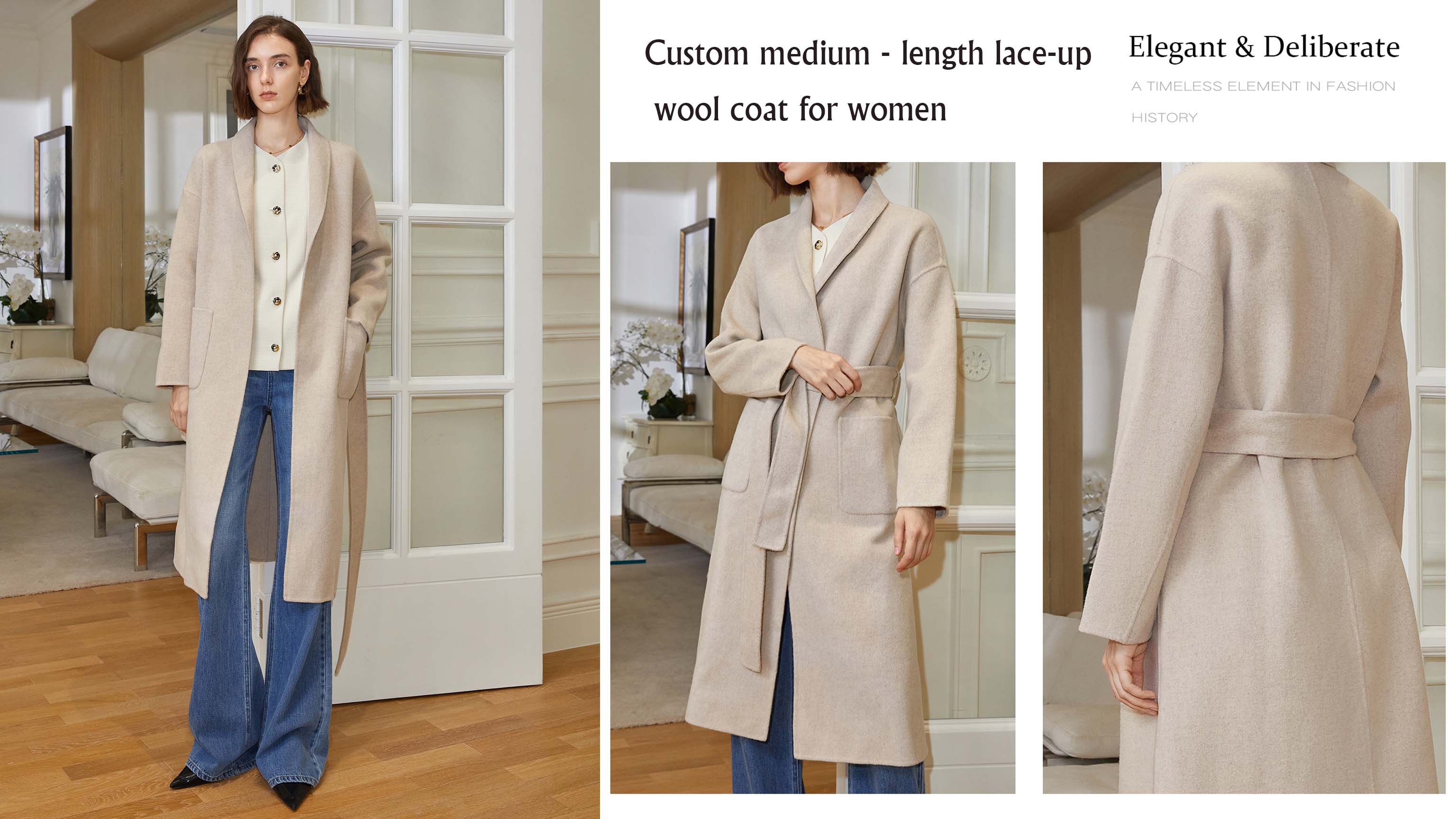 Custom Medium Length Lace-Up Wool Coat For Women