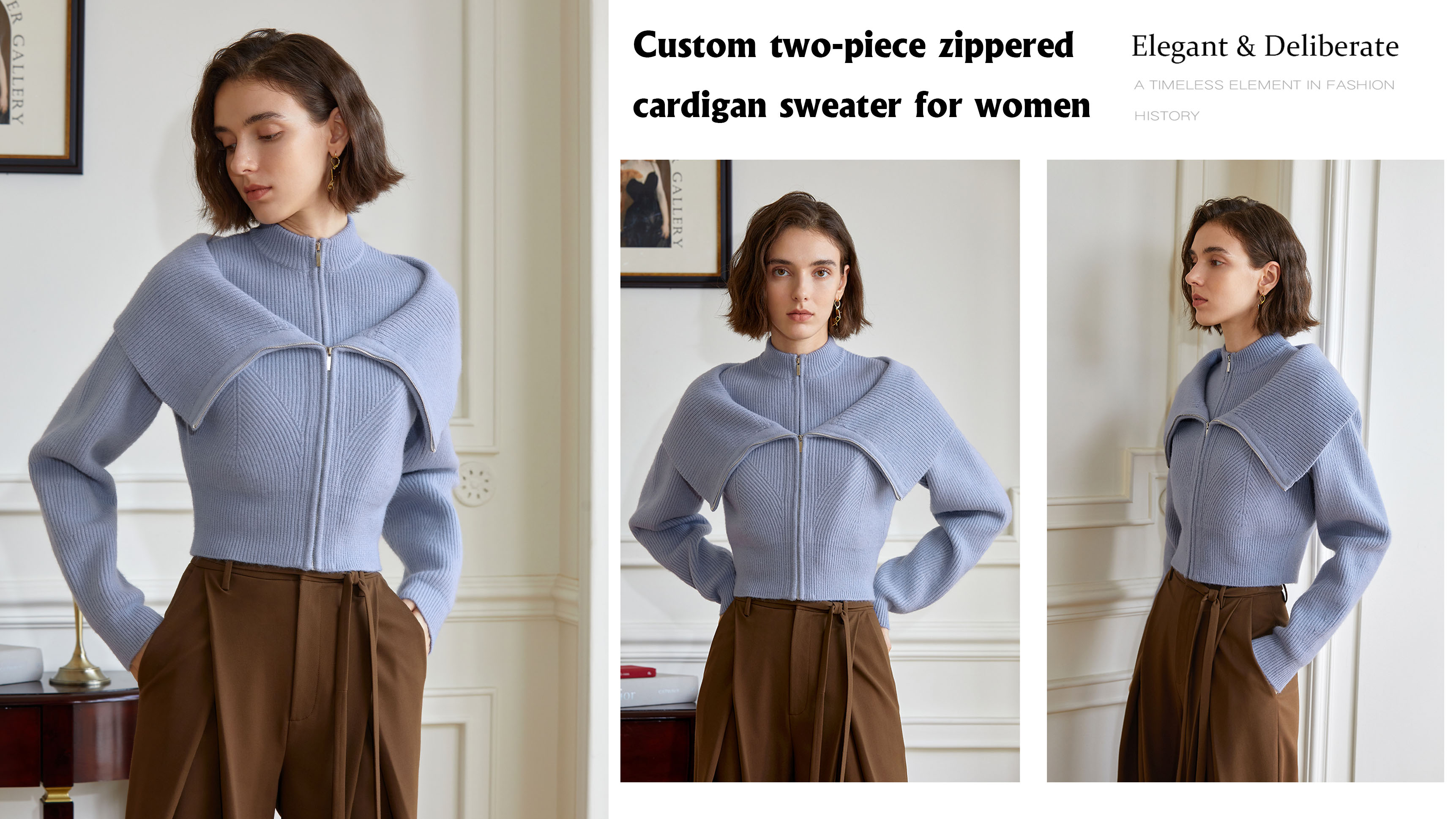 Custom two-piece zippered cardigan sweater for women