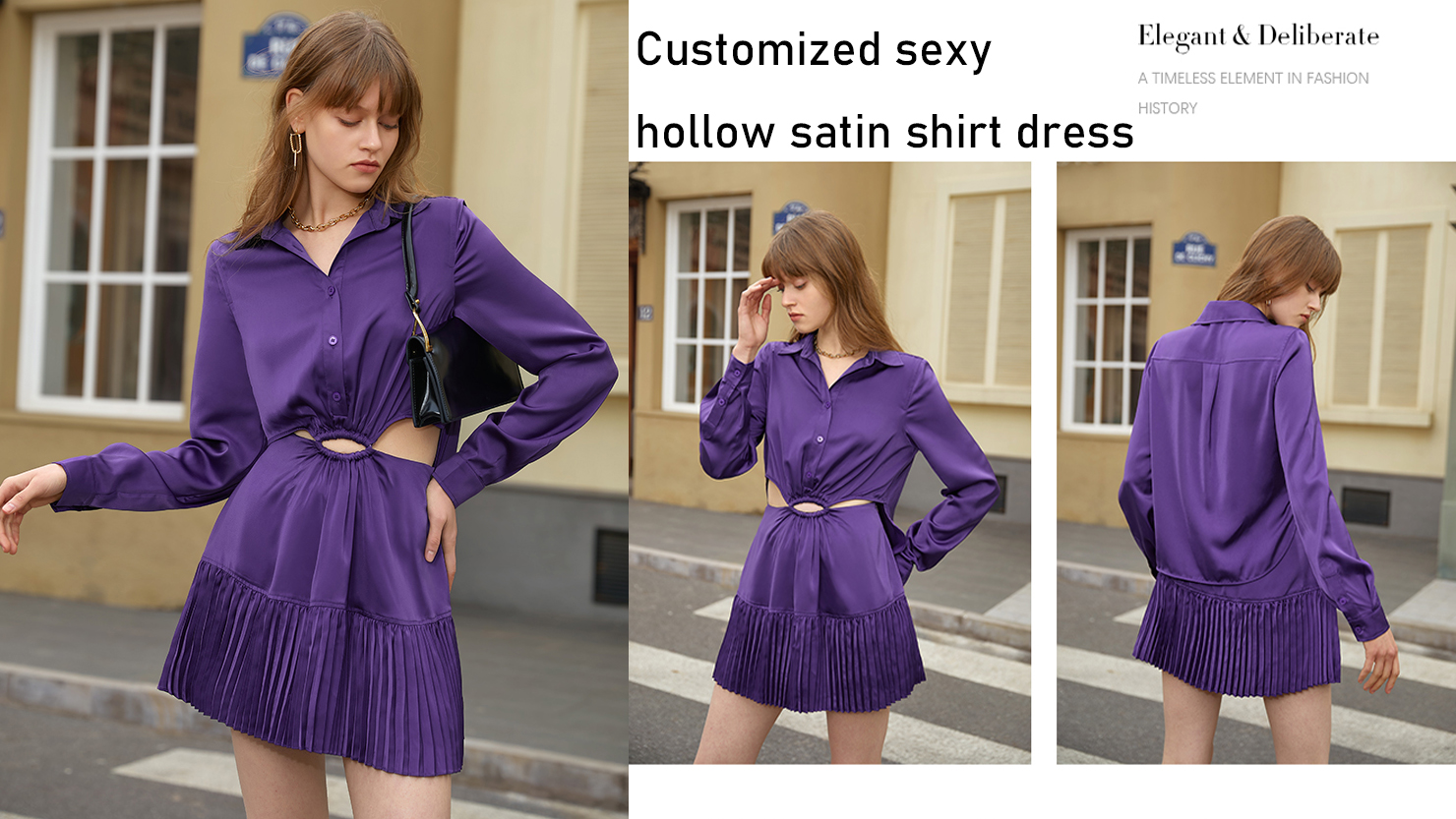 Customized sexy hollow satin shirt dress