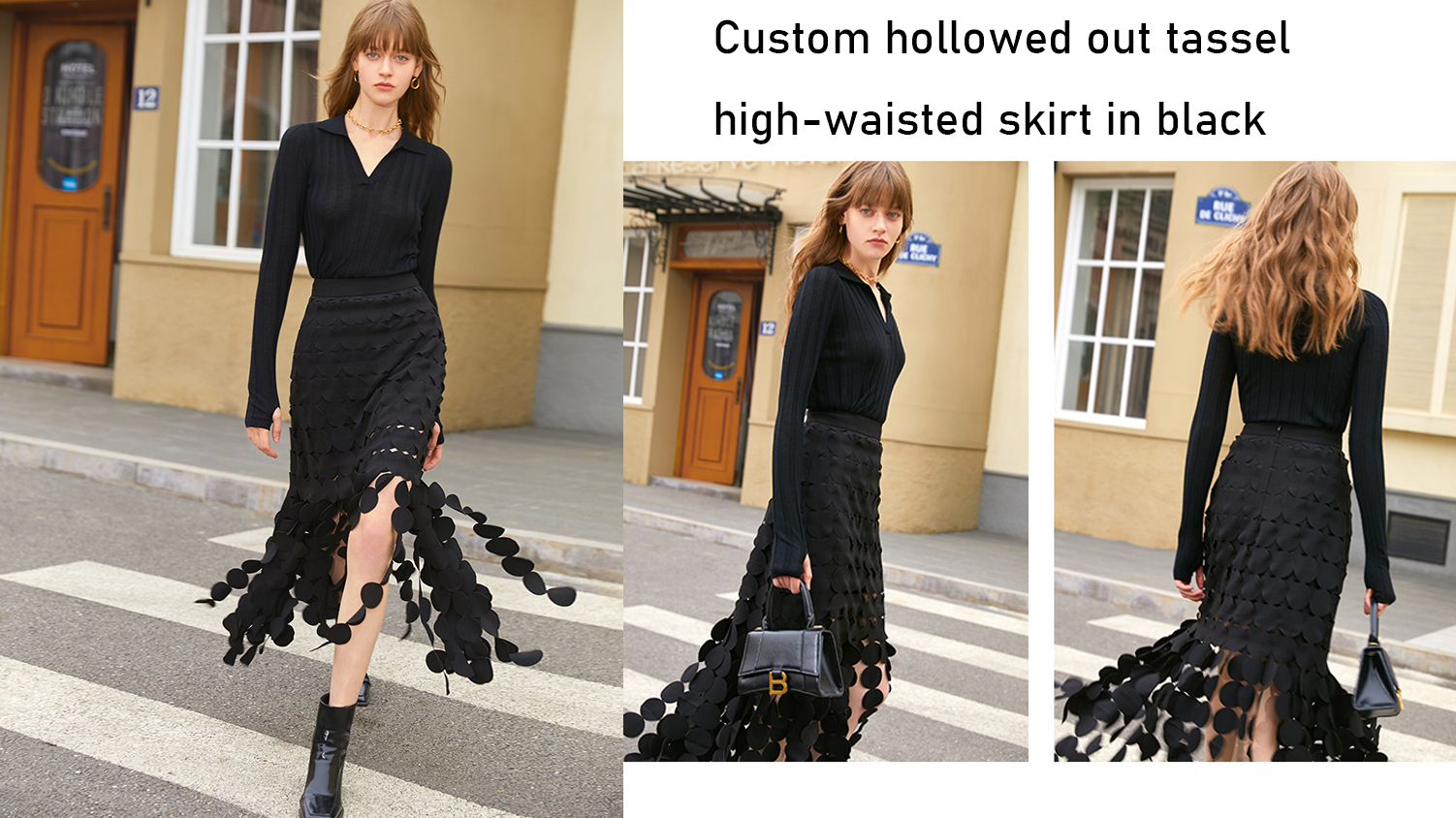 Custom hollow out tassel high-waisted skirt black