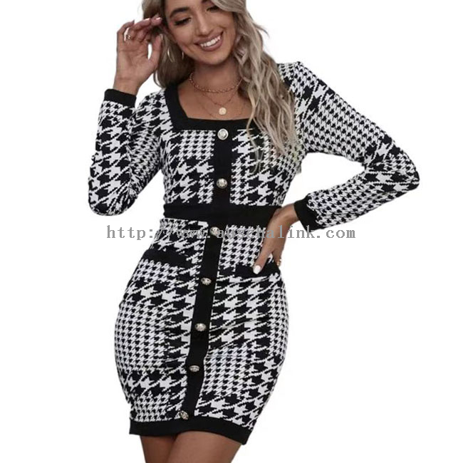 Thousand Bird Check Printed Knitted Square Neck Bodycon Dress