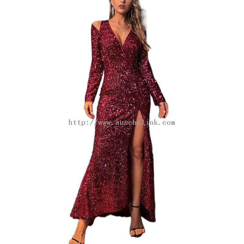 Deep Red Sequin Backless Sexy Slit Maxi Dress